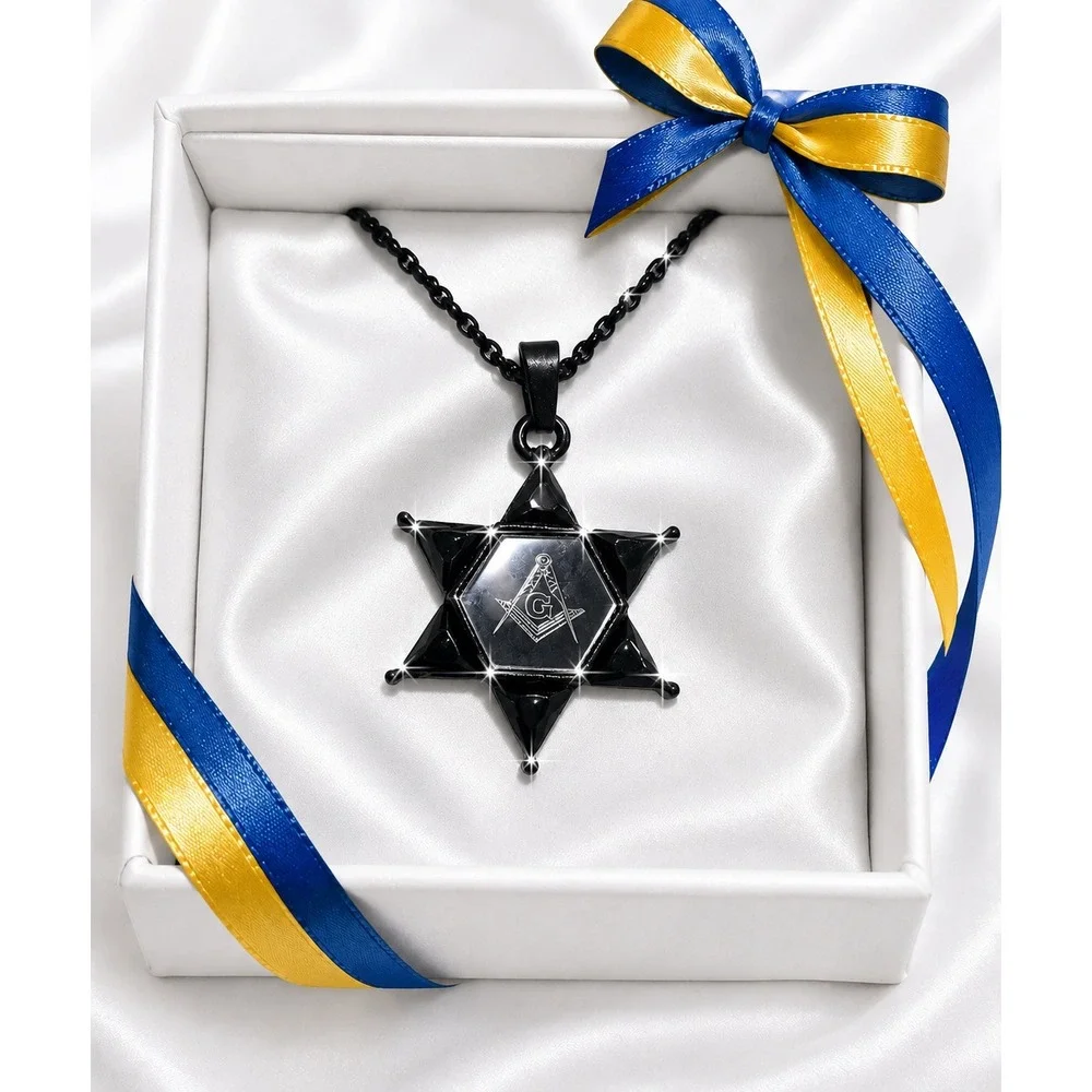 Mens Masonic Star of David Pendant Necklace Black Square and Compasses G Symbol